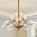 Modern Gold Chandelier, Vintage Brass Flower Glass Pendant Light Fixture, 16.25 inches by 17.75 inches