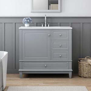 Bathroom Vanity with Ceramic Sink 30 inch, Multi-Functional Storage Cabinet with Drawers and Door Shelf, Solid Wood Frame, Soft-Closing Door, 