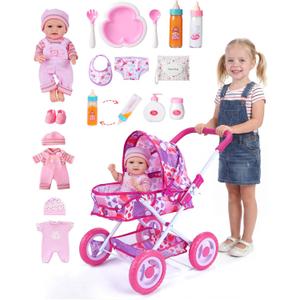 BABESIDE Baby Doll Stroller Set with 12 Inch Baby Doll, 14 Pcs Baby Doll Accessories, Folding Doll Pram Pretend Play Set, Feeding, Bath & Care Toys, Gift for Girls Ages 3yrs+