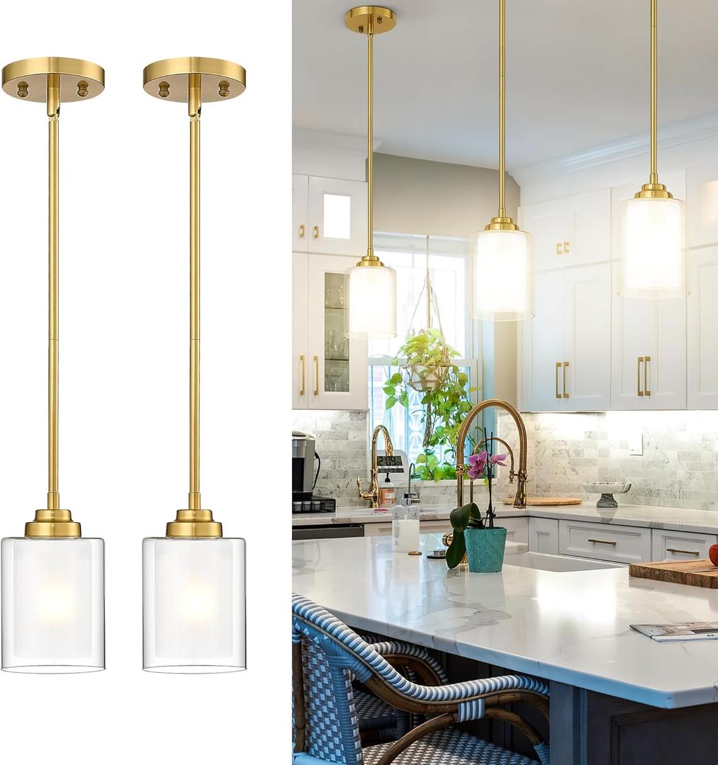 TENGXIN Modern Pendant Light,Brushed Gold Modern Pendant Light for Kitchen Island,Hanging Ceiling Light Fixture,Farmhouse Pendant Lighting for Dining Room Bedroom Bar Office 2Pack,TXPLBG02-2PK