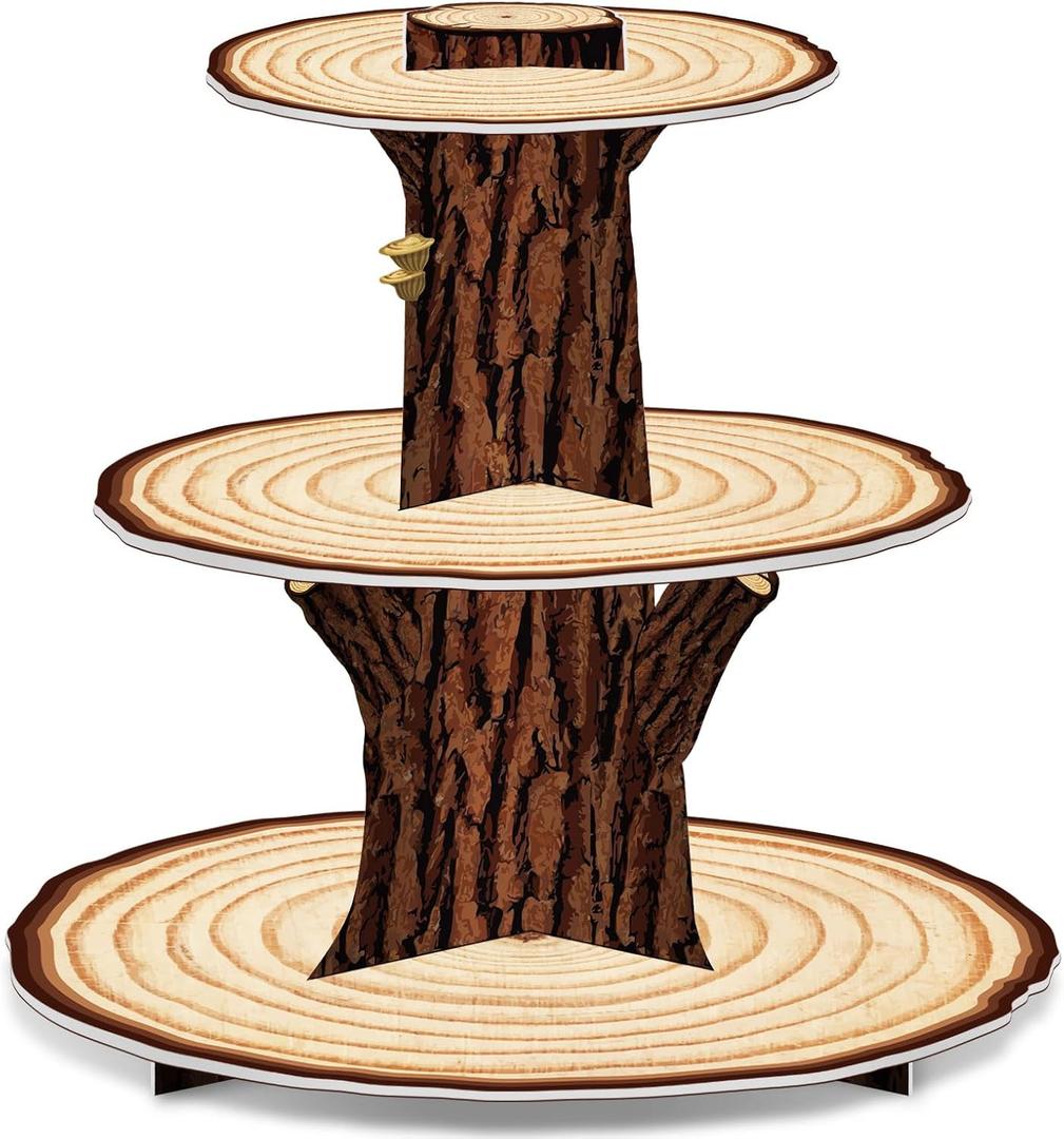 Wooden 3 Tier Cupcake Stand Decoration - Rustic Wood Cupcake Stand Decor for Camping, Birthday, Safari Party Supplies