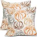 Fall Pillow Covers 18X18 Inch Set of 2 Burnt Orange Brown Grey Pumpkin Decorative Pillow Cases Autumn Harvest Thanksgiving Cotton Linen Cushion Case Holiday Home Decor For Sofa Bed Couch Outdoor