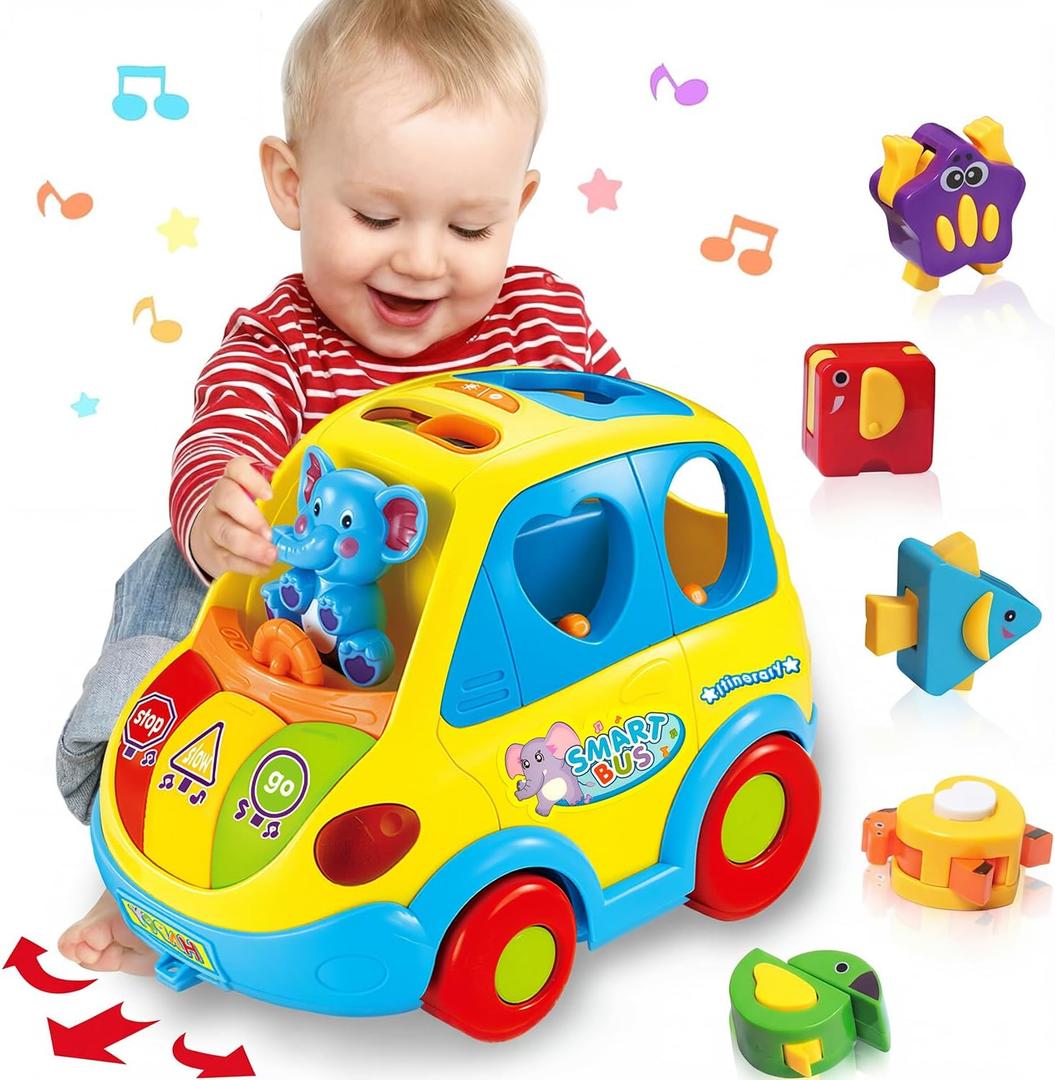 Baby Toys for 1 Year Old Boy Girl Gift Musical Bus Baby Toys 6-12-18 Months Toddler Early Learning Montessori Crawling Toy for 1 2 3 Year Old Boy with Music/Light/Smart Shapes Christmas Birthday Gifts