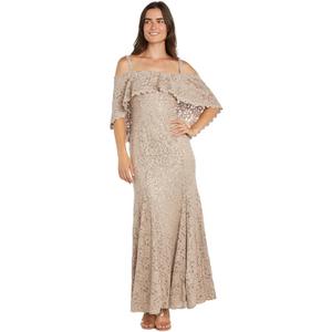 Long Sequin Lace Cocktail Dress W/Off The Shoulder Neckline and Capelet (14 Petite, Champagne)