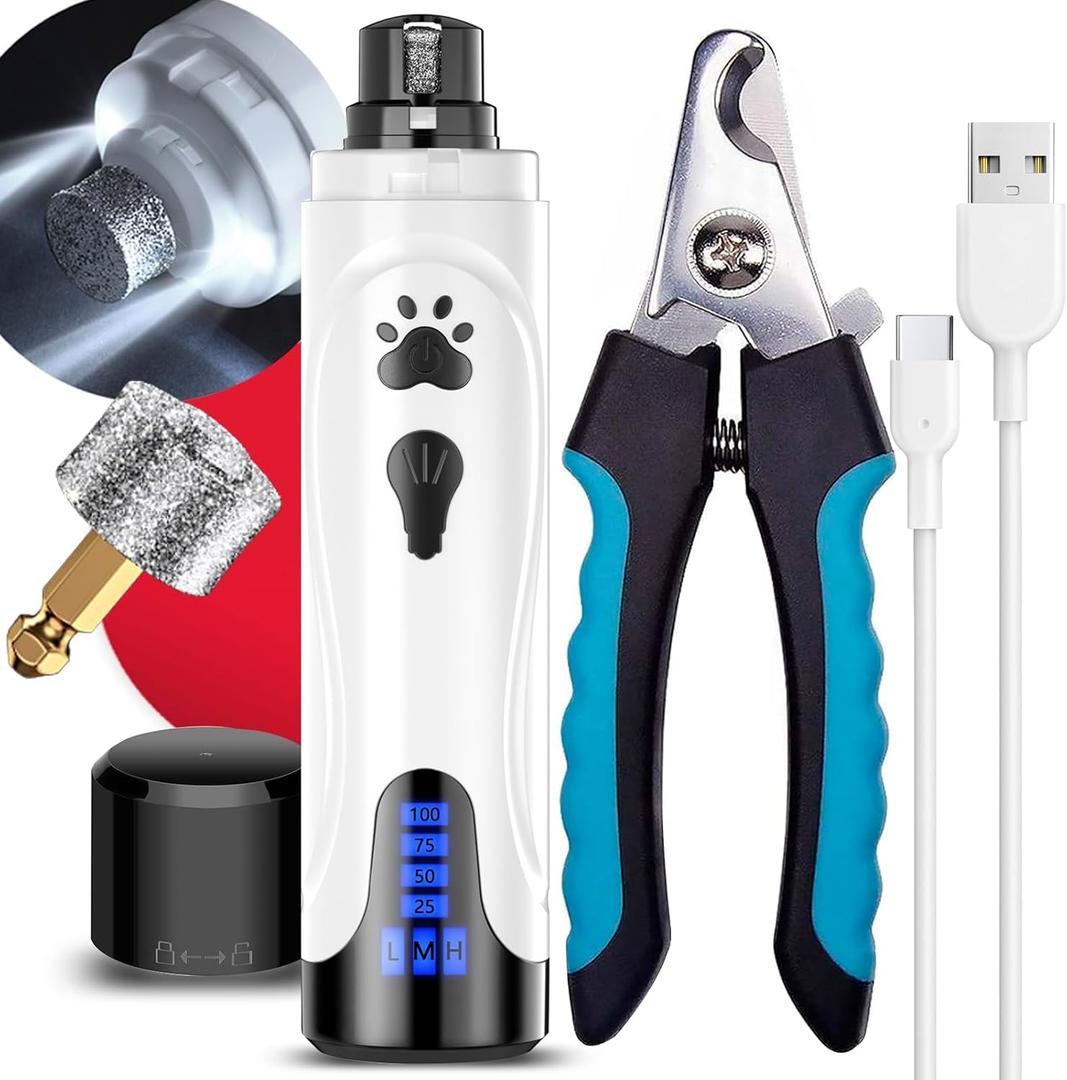 YABIFE Dog Nail Grinder with Nail Clipper, Dog Nail Trimmers Kit, Super Quiet Electric Pet Nail Grinder, Rechargeable, for Small Large Dogs & Cats Toenail & Claw Grooming,3 Speeds, 2 Grinding Wheels 2packs