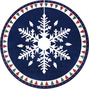 MACTING Christmas Tree Skirt, 30 Inch Round Blue Polyester Christmas Tree Skirts with Big Snowflake and Christmas Tree Printed for Holiday Party Rustic Xmas Tree Decoration