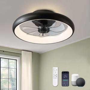 Modern Black 20" Flush Mount Ceiling Fan with Lights, 6 Wind Speeds, LED, Bedroom, Kitchen (Black-Y1095-BK02)