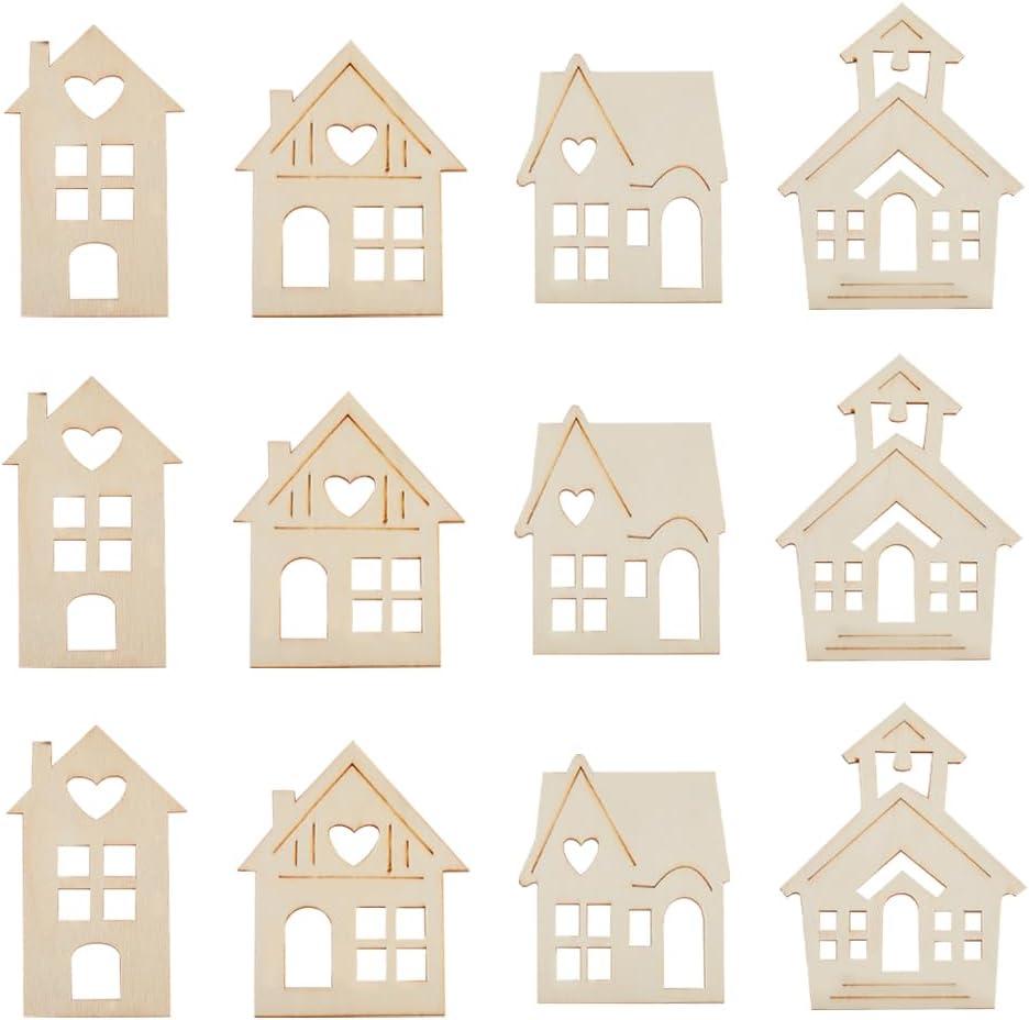 GORGECRAFT 24Pcs 2 Sizes Christmas Wood Ornaments Unfinished House Shape Tag Slices Tree Home Hanging Craft Wooden Cutouts Embellishments for DIY Xmas Ornament Wedding Birthday Party Gifts Decor