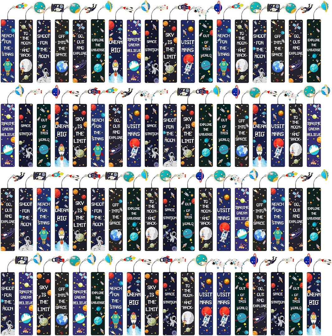 72 Pack Space Bookmarks Bulk for Kids, Outer Space Themed Party Favors, Astronaut Rocket Planet Galaxy Theme Birthday Party Favors, Bookmarks with Metal Charms for Boys Girls, Classroom Rewards Gifts