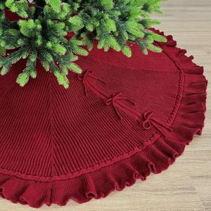 60-Inch Ruffled Sweater Knit Christmas Tree Skirt with Lace Ties, Burgundy