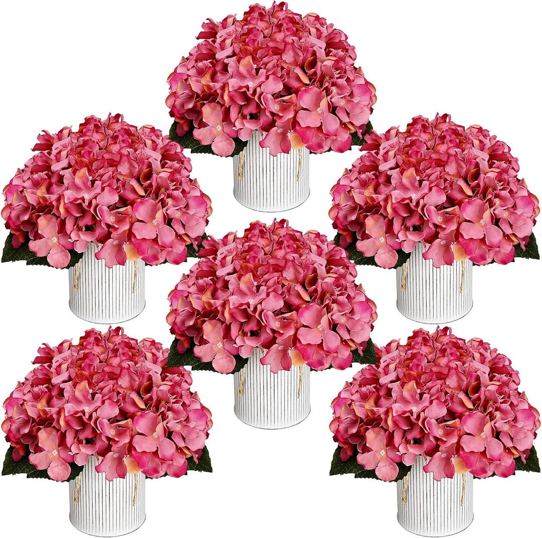 DIYDOFUN Flower Table Centerpieces - Set of 6 Floral Arrangement Artificial Wedding Hydrangeas Floral Arrangement with Rustic Metal Vase for Bridal Tea Party Event Decorations - Dusty Pink