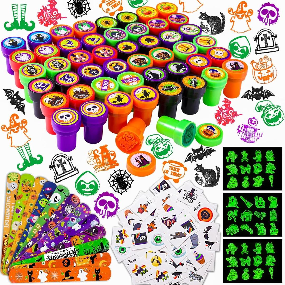 Halloween Party Favors for Kids - 350pcs Halloween Treats Bulk for Kids, Goody Bag Fillers including Stamper Tattoos Slap Bracelets Halloween Prizes for Classroom Reward Non Candy Party Supplies
