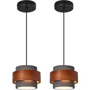 Modern Cement Pendant Light Fixture,Concrete Pendant Lights with Wood Accent,Vintage Farmhouse Chandelier for Kitchen Island Dining Room Living Room Bedroom Restaurant Cafe(Black 2-Pack)