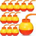 Amyhill 12 Set Fishing Bobbers Cups with Straws and Lids 10 oz Fun Fishing Birthday Party Decorations Red and White Plastic Cups for Kids Fishermen Pool Party Decorations, Orange and Yellow