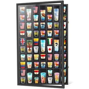Black Shot Glass Display Case Large 61 Slots Glass Display Holder Wall Mounted Storage Shadow Box with UV Protection Acrylic Glass Door for Room Decor