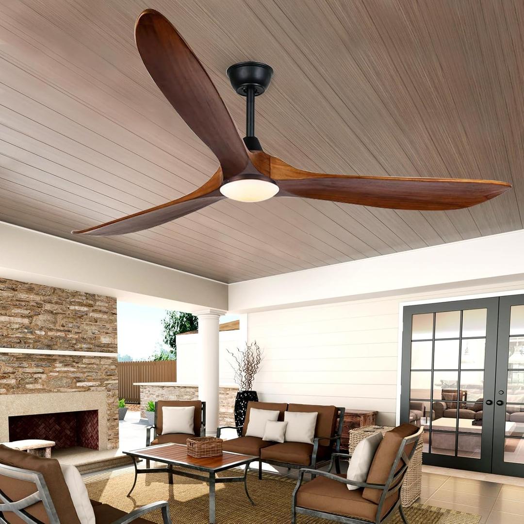 70 inch Large Ceiling Fan with Lights, Outdoor Ceiling Fan for Patio Damp Rated, 3 Blades Propeller Wood Ceiling fans with light, Reversible Quiet DC Motor for Exterior Porch Farmhouse Gazebo (Dark Walnut)
