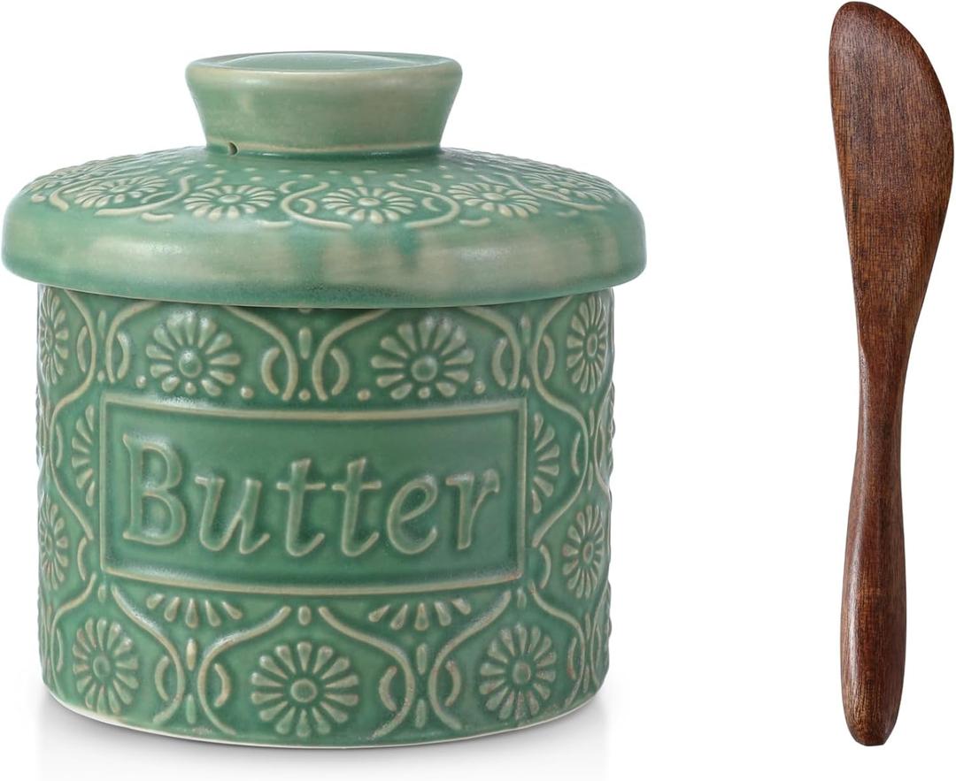 Butter Crock, Ceramic Butter Crock with Lid, Butter Dish with Lid for Countertop, Green