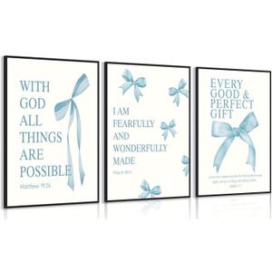 3 Pcs Blue Bow Wall Art Inspirational BiblePreppy Painting Pictures Wall Decor Blue Bow Bible Posters Prints Artwork Aesthetic for Girls Room College Apartment Living Room Bedroom Unframed, 24L"X16W"