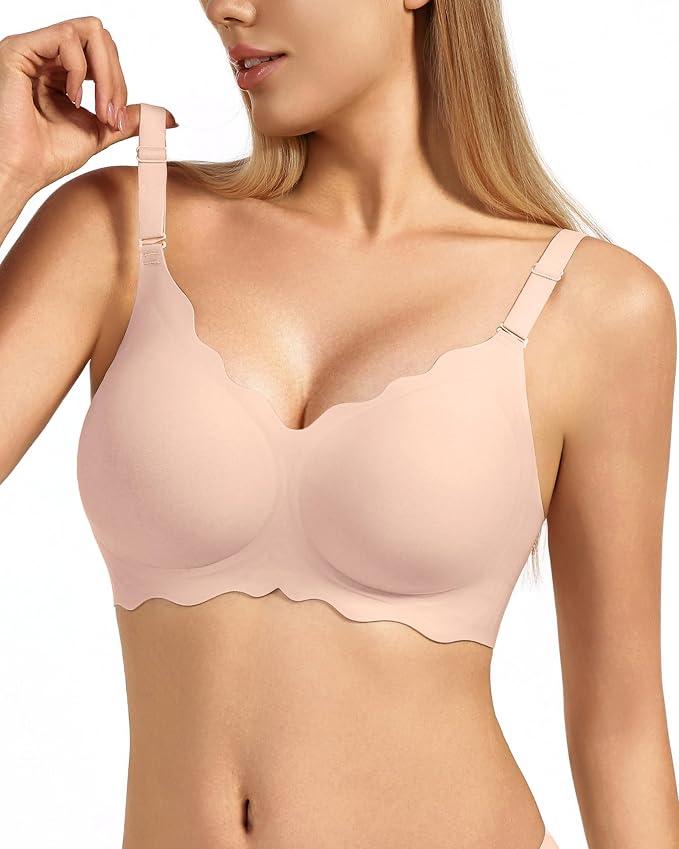 Women's No Underwire Jelly Comfort Wireless Full Coverage Bra, Scalloped Push Up T-Shirt Bra with Convertible Straps, Size Small