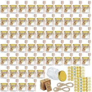 CRTWDMAN 60 Pack Mini Honey Jars/Pot Metal Lids,1.5 oz Glass,Wooden Dippers,Bee Charms,Jutes,Stickers,Small,Tiny, Baby Shower Wedding Party Favors