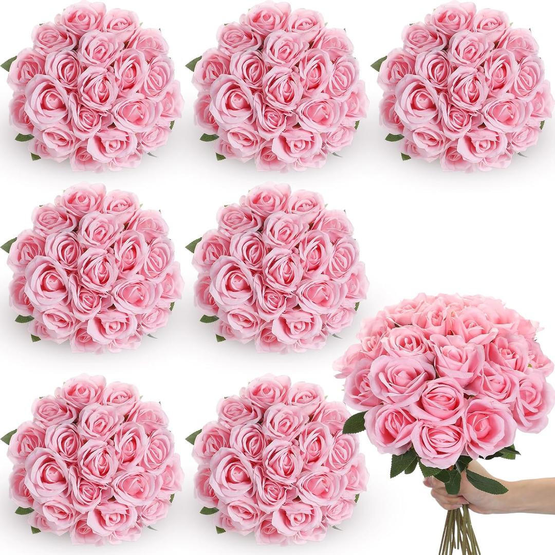 Lyrow 200 Pcs Artificial Roses Realistic Flowers Bulk Real Looking Fake Silk Rose Bouquets with Long Stem Flowers for Wedding Table Centerpieces Bridal Shower Party Home Garden Decor (Pink)