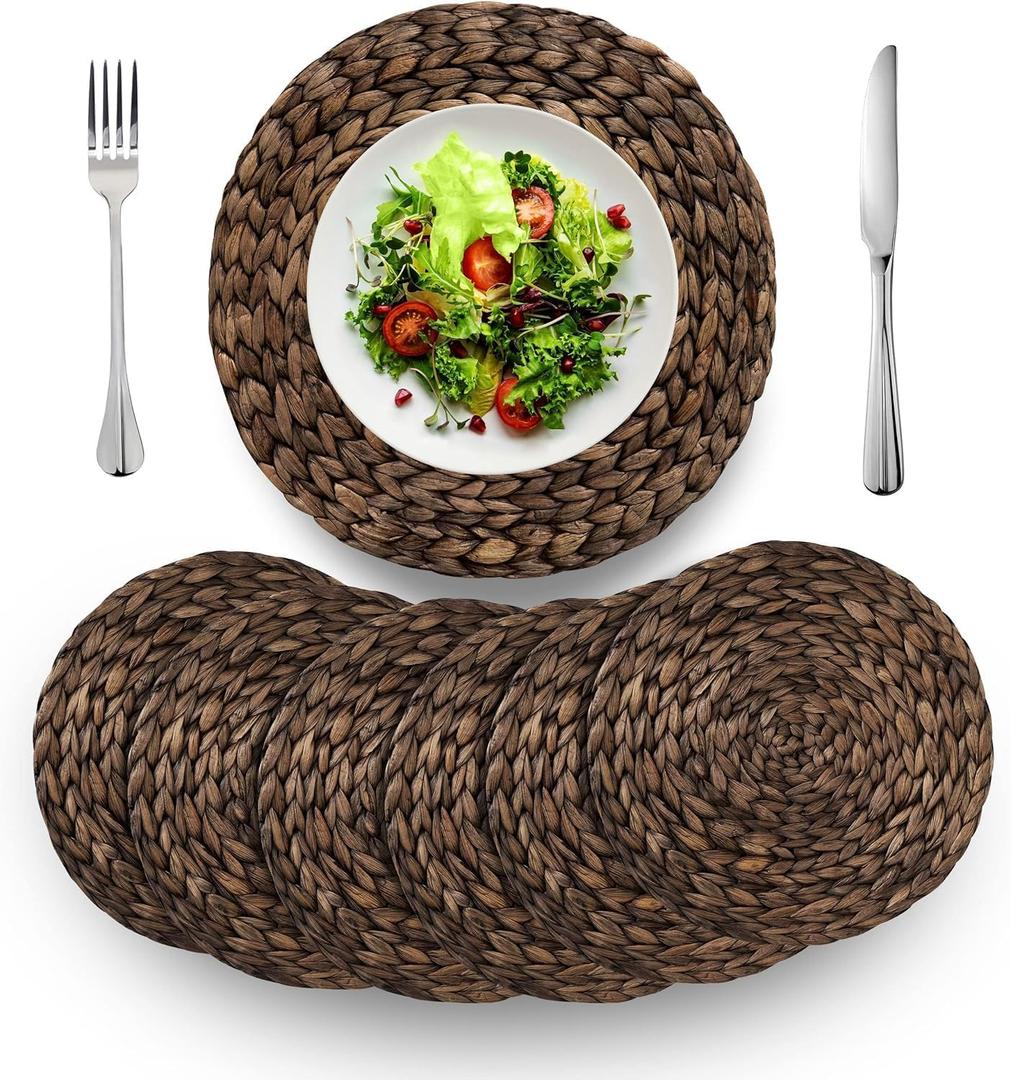 BARIEN Rustic Woven Placemats Round Set of 6, Natural Water Hyacinth Weave Placemat for Dining Table, Large Handmade Woven Placemats Heat Resistant Non-Slip (15" - Set 6)