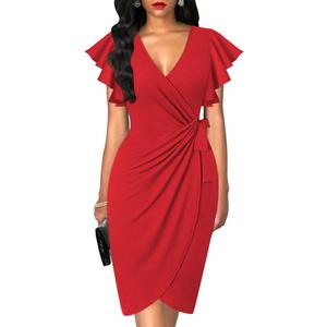 oten Womens Deep V Neck Ruffle Sleeve Sheath Casual Cocktail Party Work Faux Wrap Dress (Large, Red)