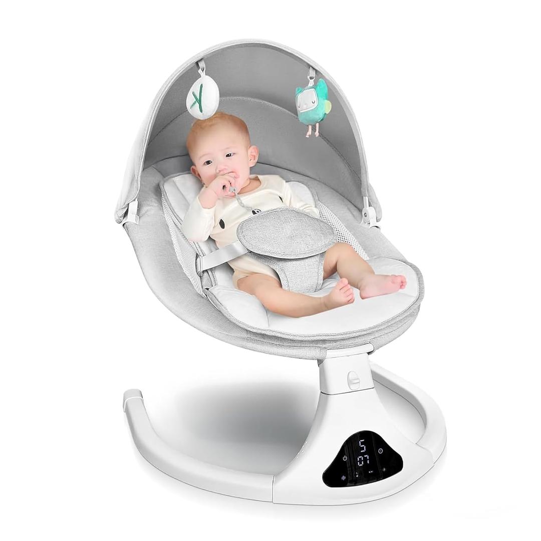Electric Baby Swing for Infants to Toddler| Portable Infant Swing with Remote Control, Rocker with 5 Speeds, 3-Point Harness,3 Seat Positions for Baby Boy Girl (Light Grey) (Grey)