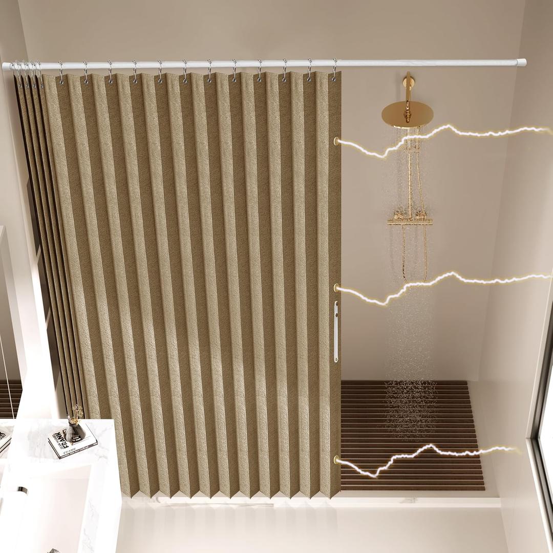 AJAZZ Magnetic Folding Shower Curtains Acordion Shower Curtain Fabric Polyester Waterproof Shower Curtains Suitable for Family Hotel Homestay Bathroom (Brown,77" W x 72" L) 1 Panel