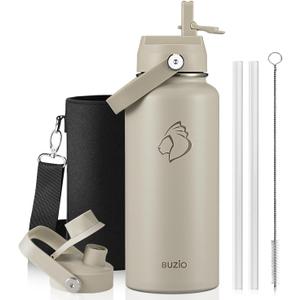 BUZIO 32 oz Water Bottle Insulated, Leakproof Stainless Steel Flask (Cold for 48 Hrs), Wide Mouth BPA-Free Metal Thermo Hydro Canteen with 2 Lids, Greige