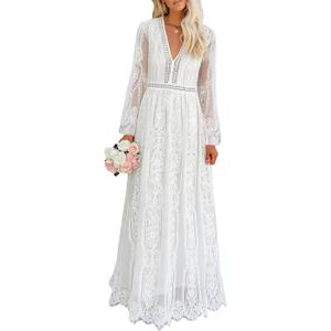 Cercis Womens Off The Shoulder Floral Lace Maxi Wedding Dress Boho Flowy Wedding Guest Formal Long Dresses (White, M)