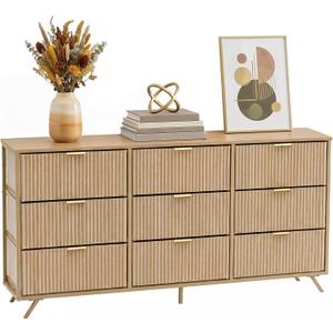 DUMOS Fabric Fluted Dresser, Modern Chest of 9 Fabric Drawers for Bedroom, Large Dressers with Metal Frame & Wooden Top, Storage Organizer Closet for Living Room, Entryway, Natural Oak, 57.1"D x 26.2"W x 11.8"H