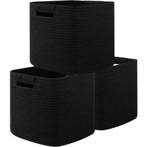OIAHOMY Storage Cubes 11 Inch Storage Bins-3-Pack, Cotton Rope Woven Baskets for Organizing, Square Storage Baskets for Shelves Organizer, Classroom, Kids Toy Bins, Closet, Baby Nursery-Black