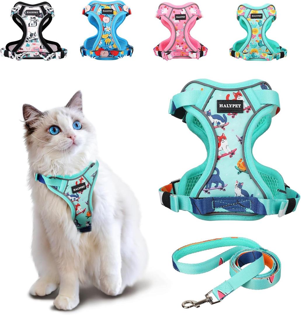 Halypet Cat Harness and Leash Set[MAX Safety 4th-Gen] Cute Escape Proof Vest Harness for Girl&Boy Cat Walking, Comfortable Adjustable Leash and Reflective Strips for Outdoor Kitten, S Purrfect Green (Small (7-12lb))