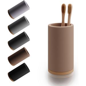 Matani Bamboo Toothbrush Holder Diatomite Tooth Brush Organizer - Storage Stand for Small Bathroom & Counter - Removable Base & Drain Holes, Water-Absorbent & Quick-Drying (Brown)