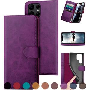 DuckSky for Samsung Galaxy S22 Ultra Genuine Leather Wallet case RFID Blocking 4 Credit Card Holder Real Leather Flip Folio Book Phone case Protective Cover Women Men for S22 Ultra case, Purple