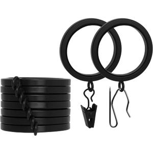BlastHome Luxury Curtain Rings - Premium Metal with Quiet, Smooth, Removable Nylon Inserts - Pinhooks and Clips Included - 1 1/2" Inside Diameter - 9 Rings for One Standard Curtain - Tuxedo Black
