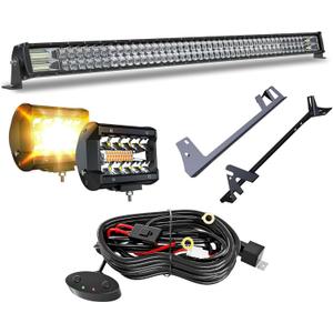 5D 52'' inch LED Light Bar + 4 inch White/Amber Yellow LED Pods Strobe Fog Light Spot Flood Offroad with Upper Windshield Mounting Brackets Switch Wiring Harness Fit Wrangler JK 2007-2018