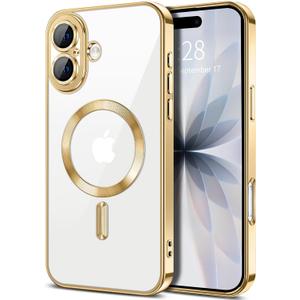 Hython Magnetic Clear for iPhone 17 Case with Camera Lens Protector [Compatible with MagSafe] Luxury Plating Edge Slim Soft TPU Cover Protective Phone Case for iPhone 17 6.3", Gold