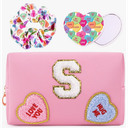 2 x Initial Makeup Bag with Mirror & Hair Scrunchies, Personalized Monogram Custom Cosmetic Bag Travel Toiletry Pouch, Birthday Gifts for Her Women Bridesmaid Teacher (S)