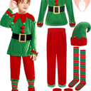 SOMSOC 7 Pack Kids Christmas Elf Costume Set Boys Velvet Elf Dress Up Santa's Helper Costume Xmas Festive Outfit, 8-10 Years