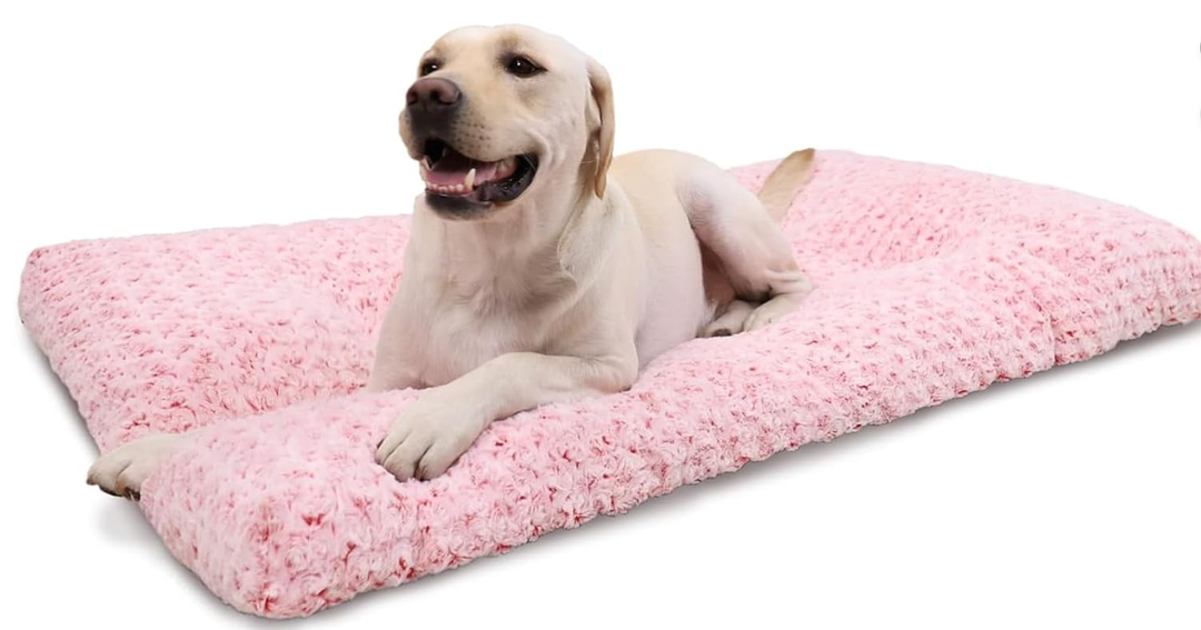 KSIIA Washable Dog Bed Deluxe Plush Dog Crate Beds Comfy Kennel Pad AntiSlip Pet Sleeping Mat for Large, Jumbo, Medium, Small Dogs Breeds, 23" x 18", Pink