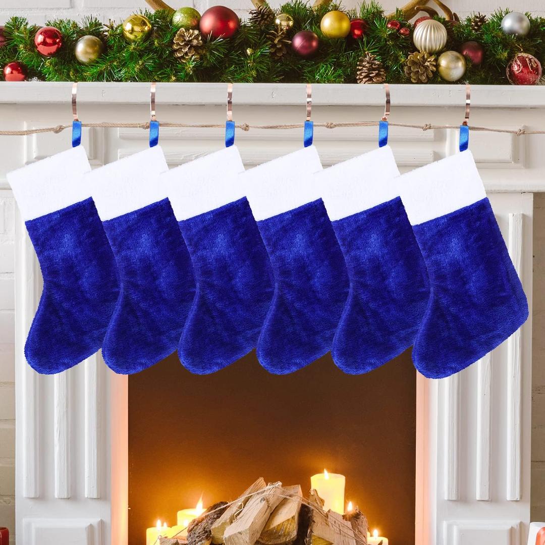 CCINEE Blue Christmas Stockings, 6pcs 18 Inches Tall Blue Design with Plush Cuff Classic Large Stocking Decorations for Xmas Festive Gifts Home Fireplace Decor