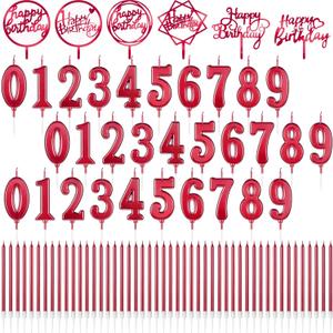 Shihanee 84 Pcs Birthday Cake Toppers Decorations Long Thin Metallic Birthday Candles Bulk Number Candles 0-9 DIY Cake Decor for Wedding Anniversary Party(Red)