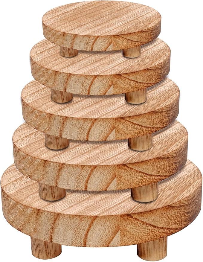 5 Pcs Wood Risers Display Stands Wooden Risers for Table Display Mini Riser Stand Round Rustic Wooden Riser Holder Tiered Tray Decor Riser for Home Decor Kitchen Counter