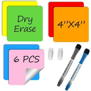 Reusable Dry Erase Sticky Notes with Dry Erase Markers & Clips. Multi-Color 4x4 6-Pack! Eco-Friendly & Washable-Perfect for Lists, Labels & Reminders. Your Sticky Note for Home & Office!