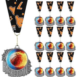 Seenelling 12 Pcs Basketball Medals Metal Award Medals Silver Sport Ball Trophy with Neck Ribbon Prize Gift for Sports Game Participation Themed Party Favors