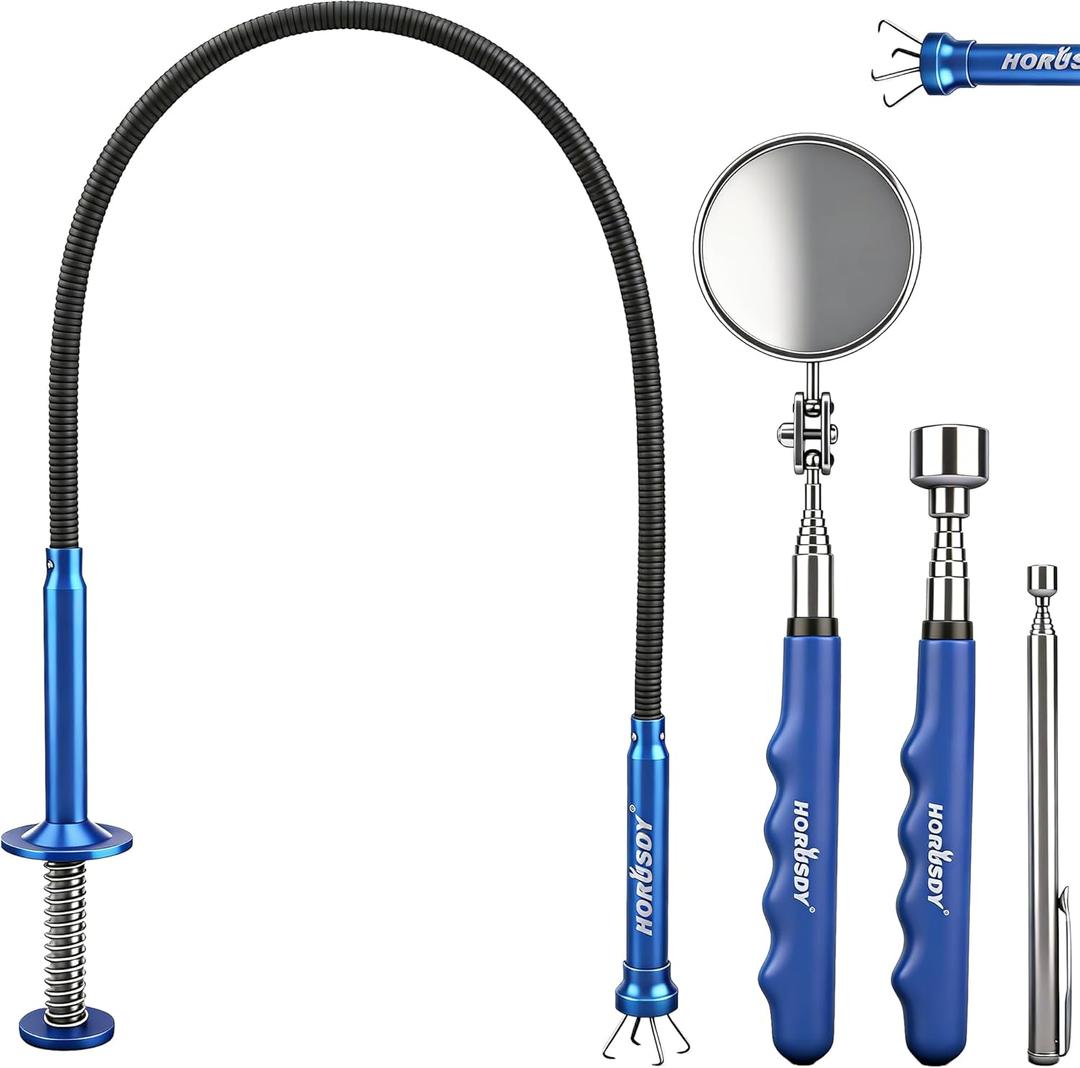 HORUSDY 4PCS Telescoping Magnetic Pick Up Tool Kit, Magnetic Sweepers Set with 360 Inspection Mirror, 2 Telescoping Magnetic Pickup Tools (525.6/6.929.5 in) & 24 in Flexible Claw Grabber