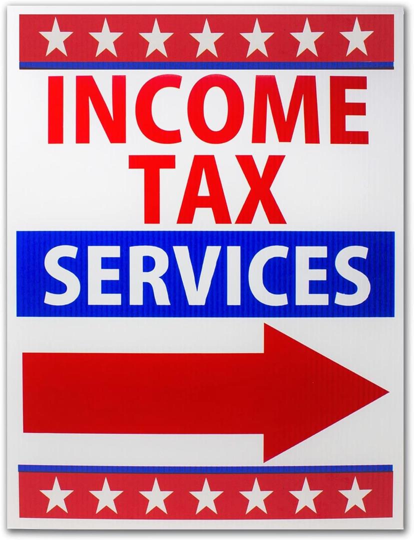 VIBE INK Large 18" x 24" Inches "Income Tax Services" Directional Arrow Yard Sign with H-Metal Stake Included - DOUBLE SIDED Left/Right Arrow Tax Return Season UV PRINTED COLORS! Made in America (1)