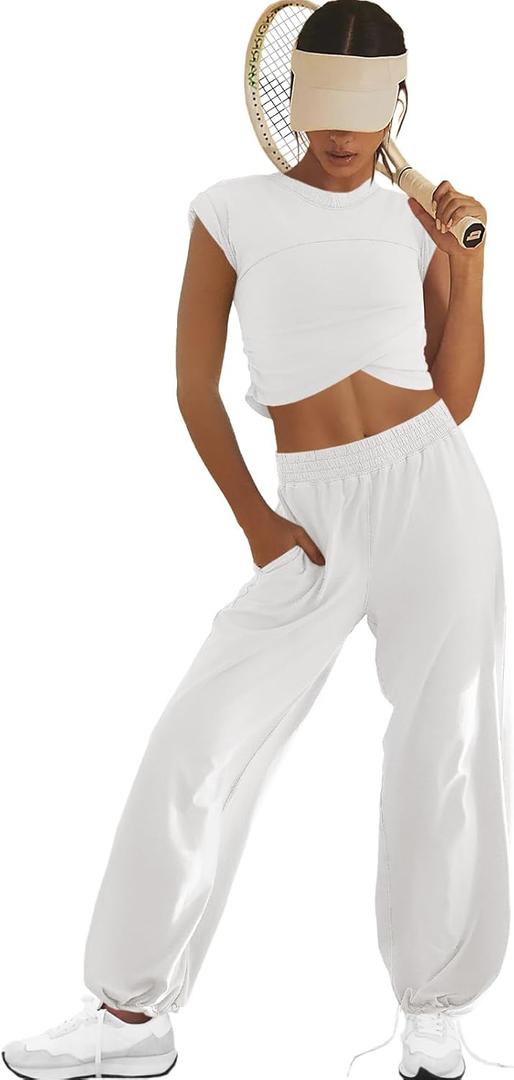 LAMISSCHE Womens Loungewear Set 2 Piece Outfits Sets Cropped Tops and Wide Leg Pants with Pockets Tracksuit (Large, White)